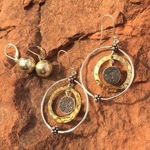 Two pair earrings sterling silver, brass and druzy